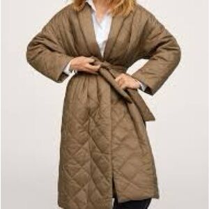 Mango oversized quilted belted trench puffer robe jacket coat khaki green brown